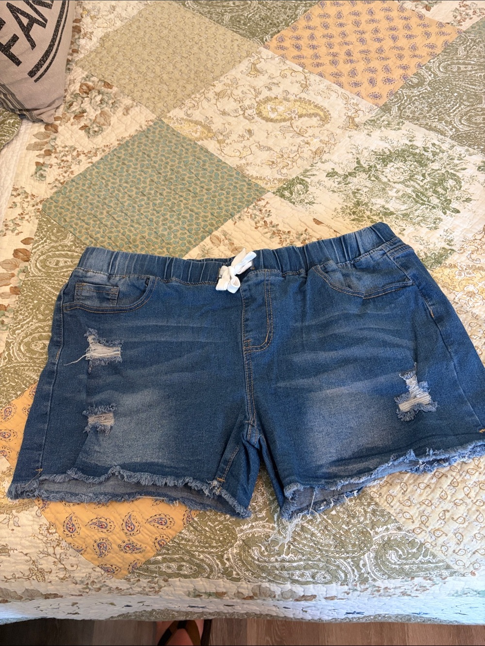 Casual Blue Distressed Drawstring Jean Shorts